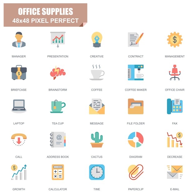 Simple Set of Office Supplies Related Vector Flat Icons