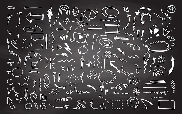 Simple sketch line style doodle cute ink pen line elements isolated on chalkboard background