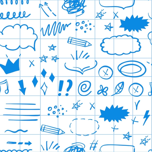 Simple sketch line style seamless pattern on checkered notebook sheet Doodle ink pen line elements