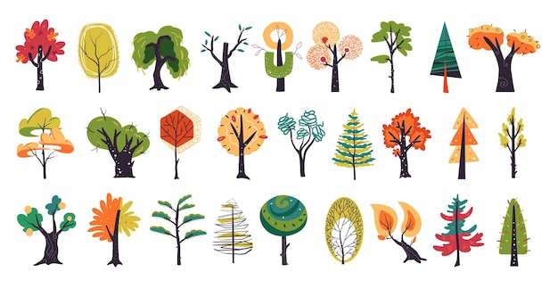 Simple spruce trees hand drawn forest icons Summer shrub spring pine vegetation bush larch foliage exact fir wood oak acorn Botanical colorful objects in doodle style Vector icon set