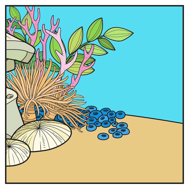 Simple square background of the seabed with stones corals and algae color variation for coloring page on a white