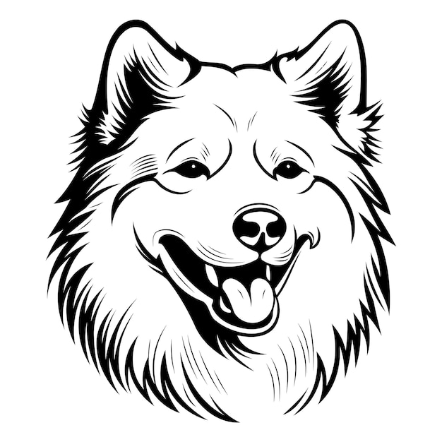 A simple striking black and white illustration of a smiling dogs face