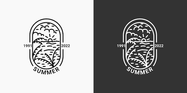 Simple summer logo with lines beach icon in a minimal linear style available in black and white c