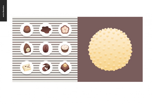 Simple things - meal - flat cartoon vector illustration of set of dark and white chocolate crisp bonbons and bars, chocolate chips, coffee and cacao beans and hot chocolate