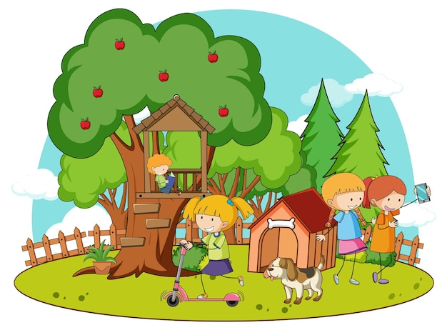 A simple tree house and doghouse with kids in nature background