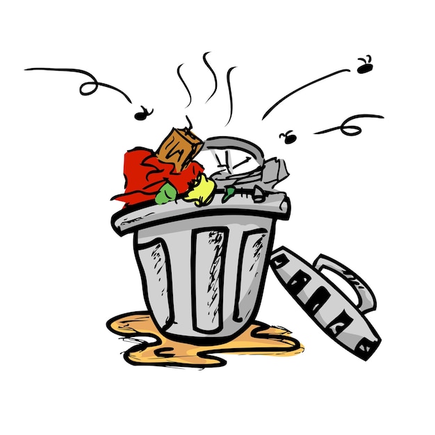 Simple Vector colorful Hand Draw Sketch of dirty stink and nasty trash bin with flies