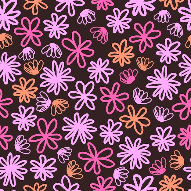 Simple vector flowers seamless pattern in abstract style on dark background