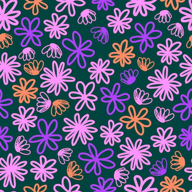 Simple vector flowers seamless pattern in abstract style on dark background