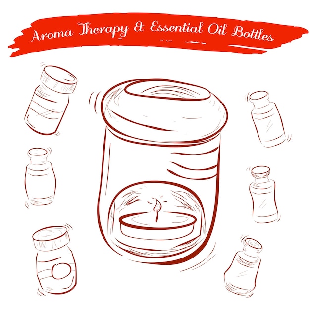 Simple Vector Hand Draw Sketch of Aroma Therapy Oil Burner and Essential Oil Bottles