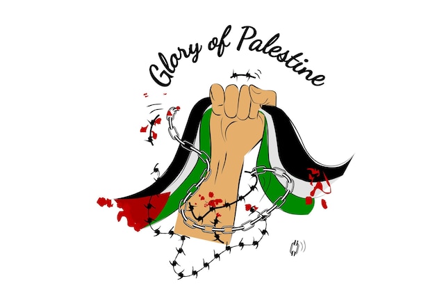 Simple Vector Hand Draw Sketch Hand Holding Palestine Flag Beyond Broken Broken Chain with Text Glory of Palestine Demonstration Plank Isolated on White