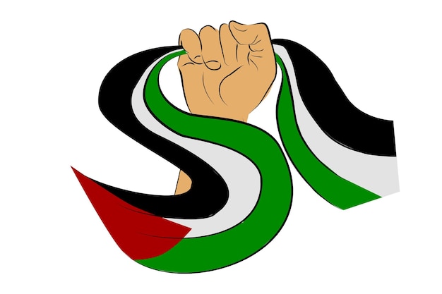 Simple Vector Hand Draw Sketch Hand Holding Palestine Flag for Demonstration Design Element Isolated on White