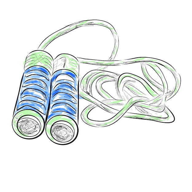 Simple Vector hand draw sketch of jumping rope and dumbbell green and blue watercolor effect