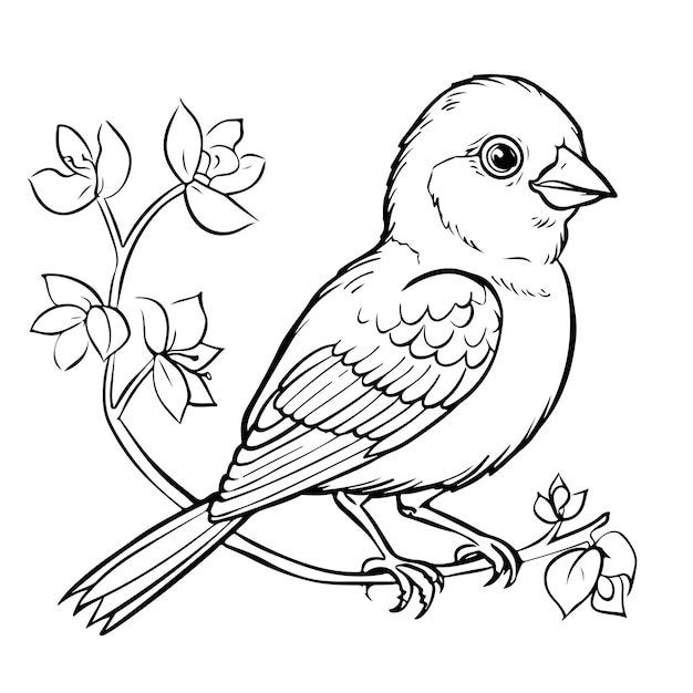 Simple Vector Outline Baby sparrow on a branch with flowers outlined for coloring in cartoon style