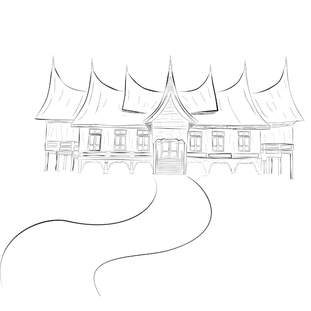 Simple Vector Sketch of Rumah house Gadang West Sumatera Traditional Building