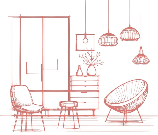 Vector simple vector sketch thin line drawing of hallway interior with wardrobe and chairs