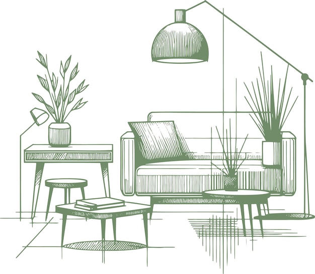 Vector simple vector sketch thin line drawing of room interior with sofa and table