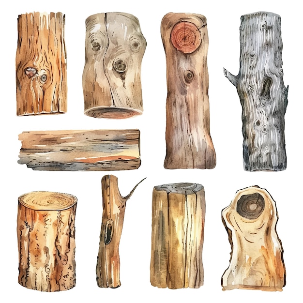 simple vector watercolour set of wooden rustic element