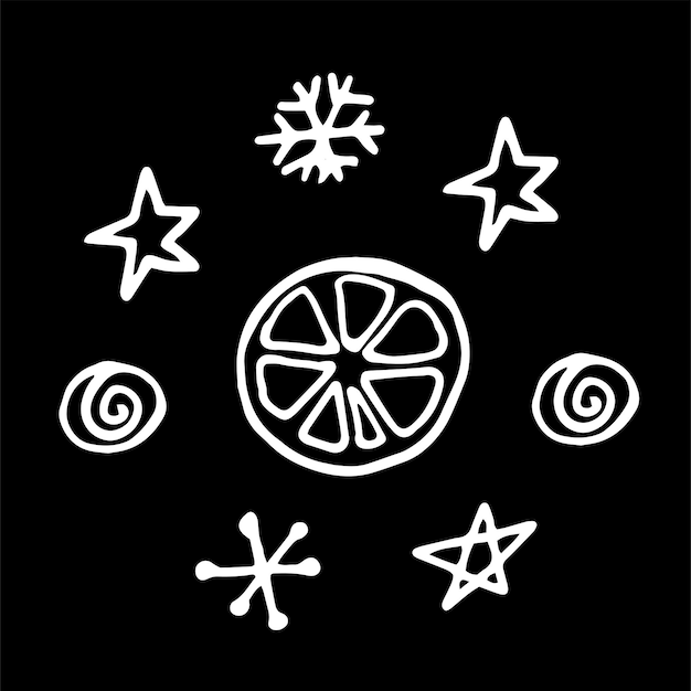 Simple vector winter Christmas doodle style illustration Illustration drawn by hands in the style of line art in white on a black background Creation of design for New Year winter Christmas