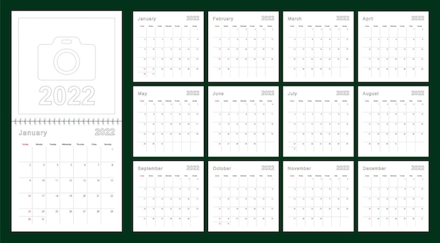 Simple wall calendar 2022 year with dotted lines. The calendar is in English, week start from Sunday.