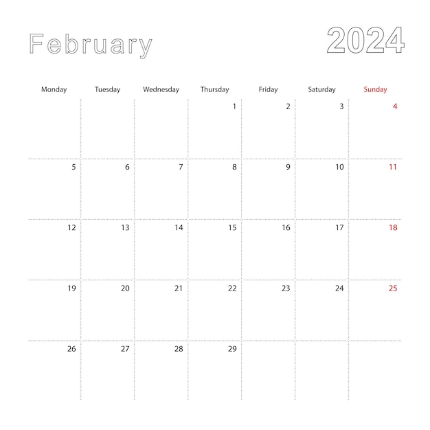 Vector simple wall calendar for february 2024 with dotted lines the calendar is in english week start from monday