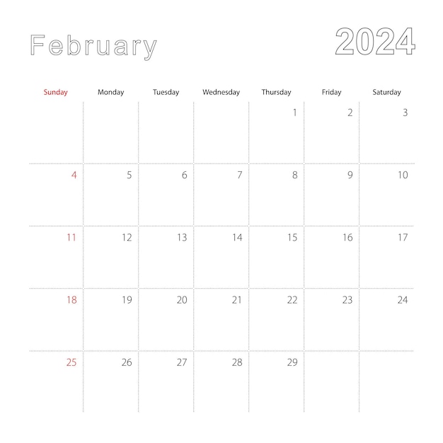 Vector simple wall calendar for february 2024 with dotted lines