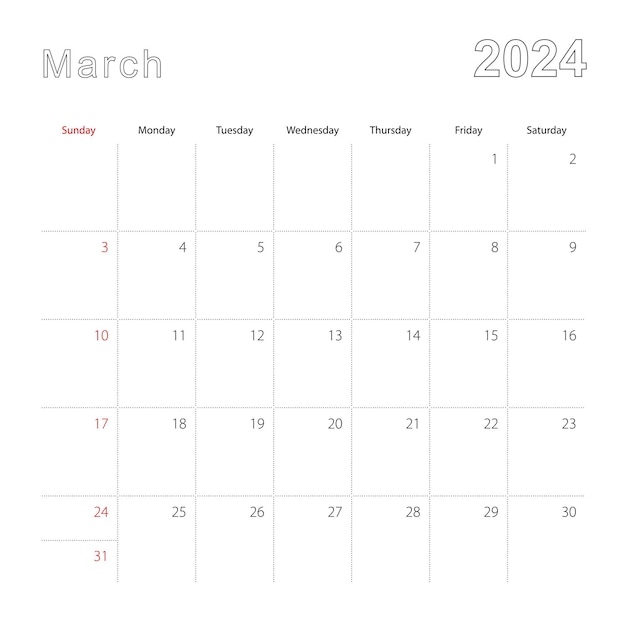 Vector simple wall calendar for march 2024 with dotted lines