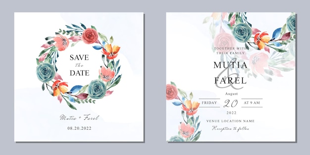 Simple Wedding Invitation Template Square with Watercolor Floral Wreath and Abstract Background