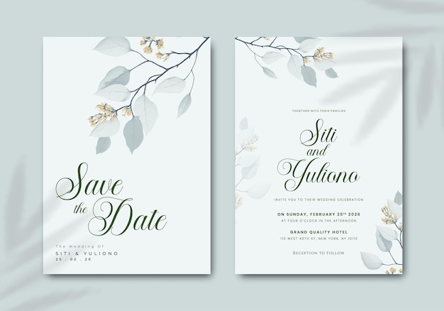 simple wedding invitation template with flower watercolor premium vector