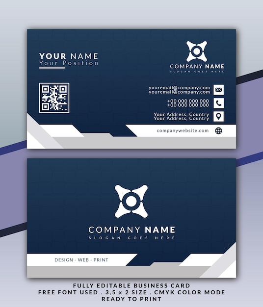 Simple white business card design template win dark blue gradient background