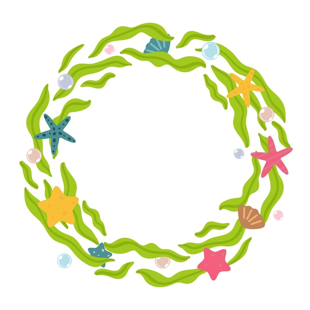 Simple wreath of algae, starfish and seashells isolated on white background. Vector illustration