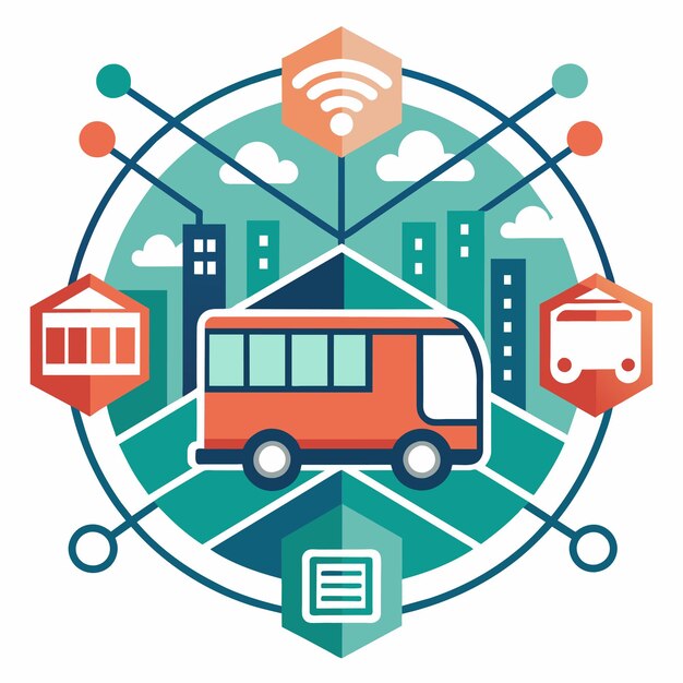 Vector a simplified modern logo showcasing a bus and cityscape with connected elements representing mobility a minimalist logo that conveys the idea of mobility and connectivity in public transport