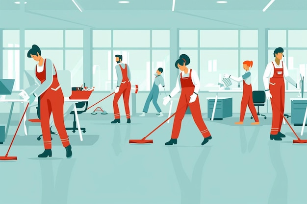 Simplistic Illustration of Office Cleaning Team