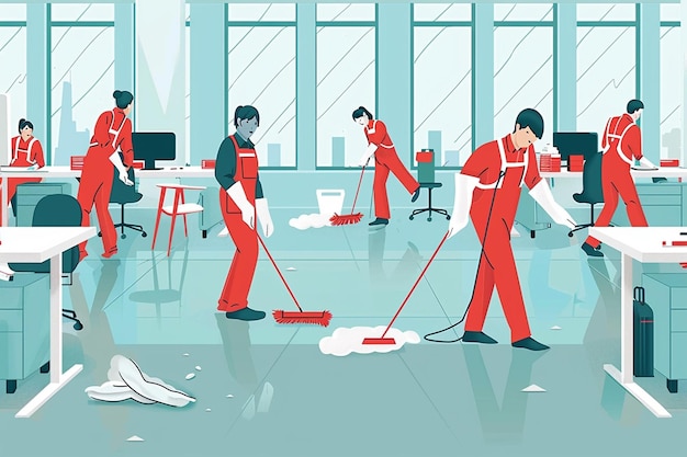 Vector simplistic illustration of office cleaning team