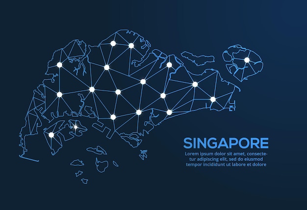 Singapore communication network map Vector low poly image of a global map with lights in the form of cities Map in the form of a constellation mute and stars