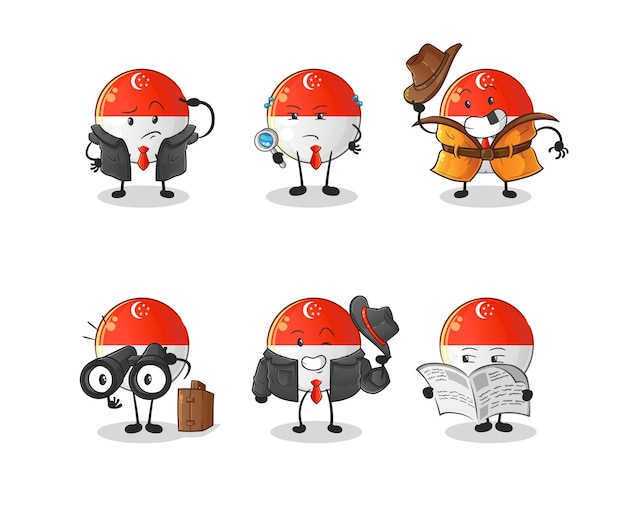 Singapore flag detective group character. cartoon mascot vector