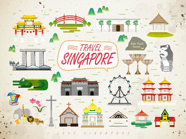 Singapore must see attractions collection in flat style