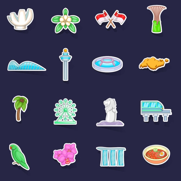 Singapore travel icons set vector sticker