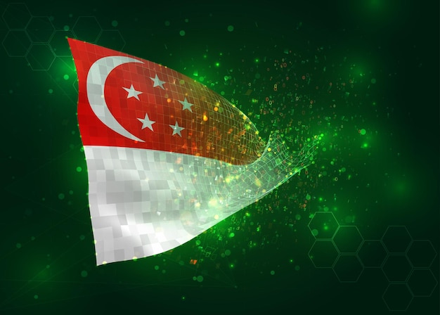 Singapore on vector 3d flag on green background with polygons and data numbers