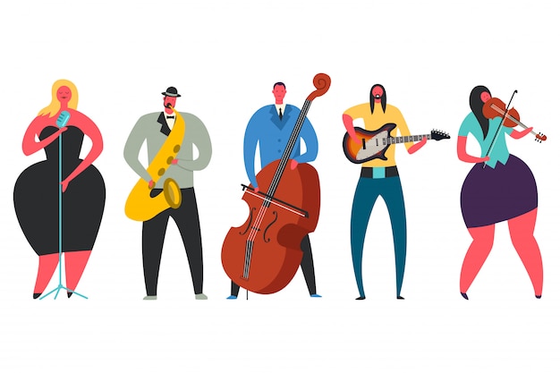 Singer, guitarist, saxophonist, double bass player, violinist vector character set