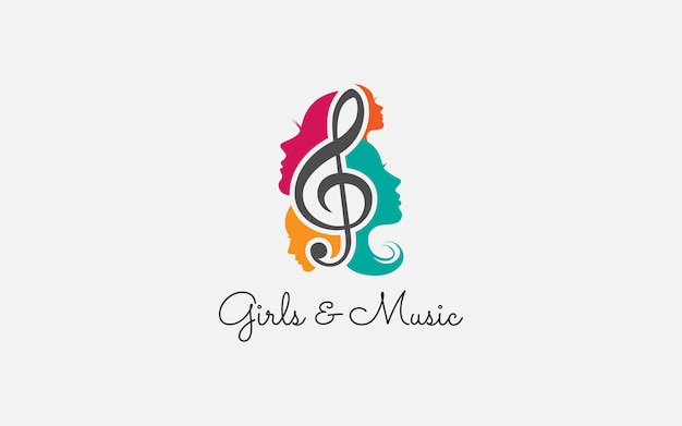 Singer Vocal Karaoke , Choir with Music Notes Treble Clef - Singing Woman Face Silhouette logo design