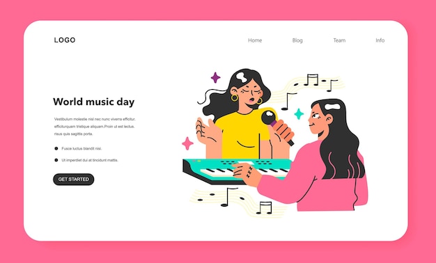 Singer web banner or landing page young female character singing