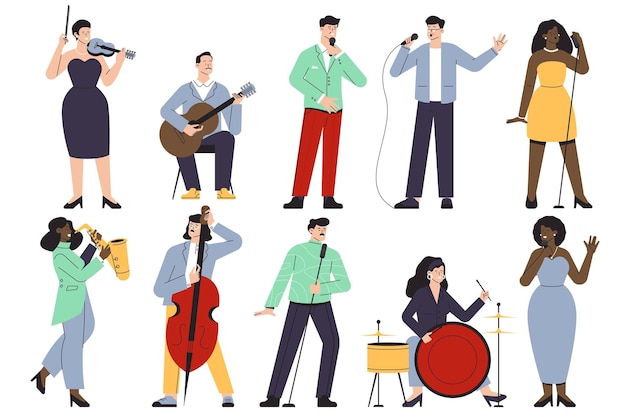 Singers and musicians characters Cartoon musicians and band members jazz and rock musicians playing instruments and performing Vector set of musician and singer illustration