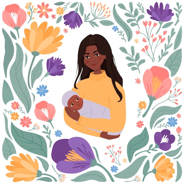 Single african woman holds a newborn baby in her arms Warm modern illustration