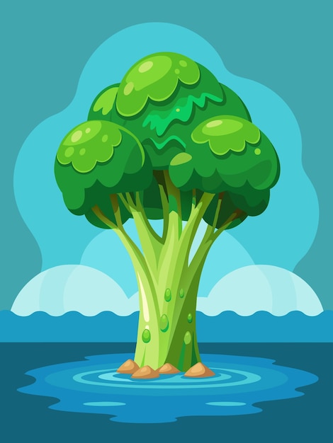 Vector a single broccoli tree growing in a pool of water