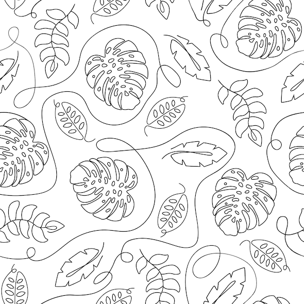 Single continuous line drawing floral pattern Tropical leaves seamless pattern Jungle leaves in one continuous line repeated background Minimalist linear sketch Vector illustration Safari leaf