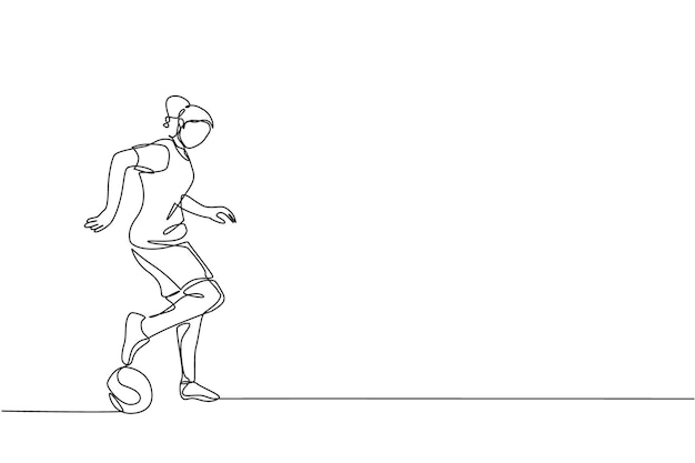 Single continuous line drawing of young sporty sportive woman train soccer freestyle dribbling trick