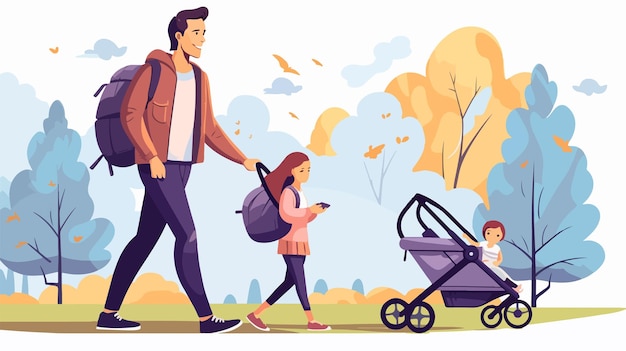 Vector single father with daughter in stroller happy family outing