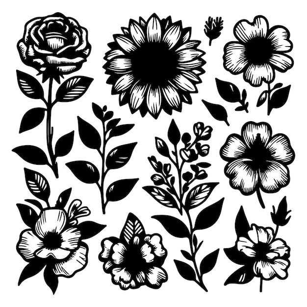 Vector single flower doodles drawing vector illustration spring flower outline set including a rose sunfl