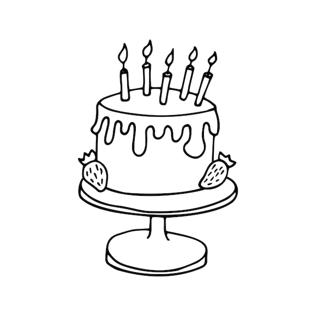 Single hand drawn cake with candles for greeting, birthday card, posters, recipe, culinary design. Isolated on white background. Doodle vector illustration.