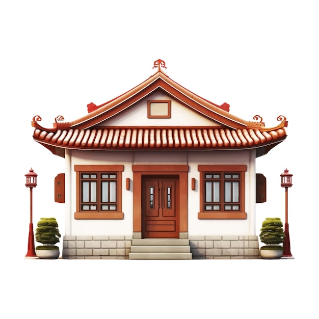 Single house in retro Chinese style on white background